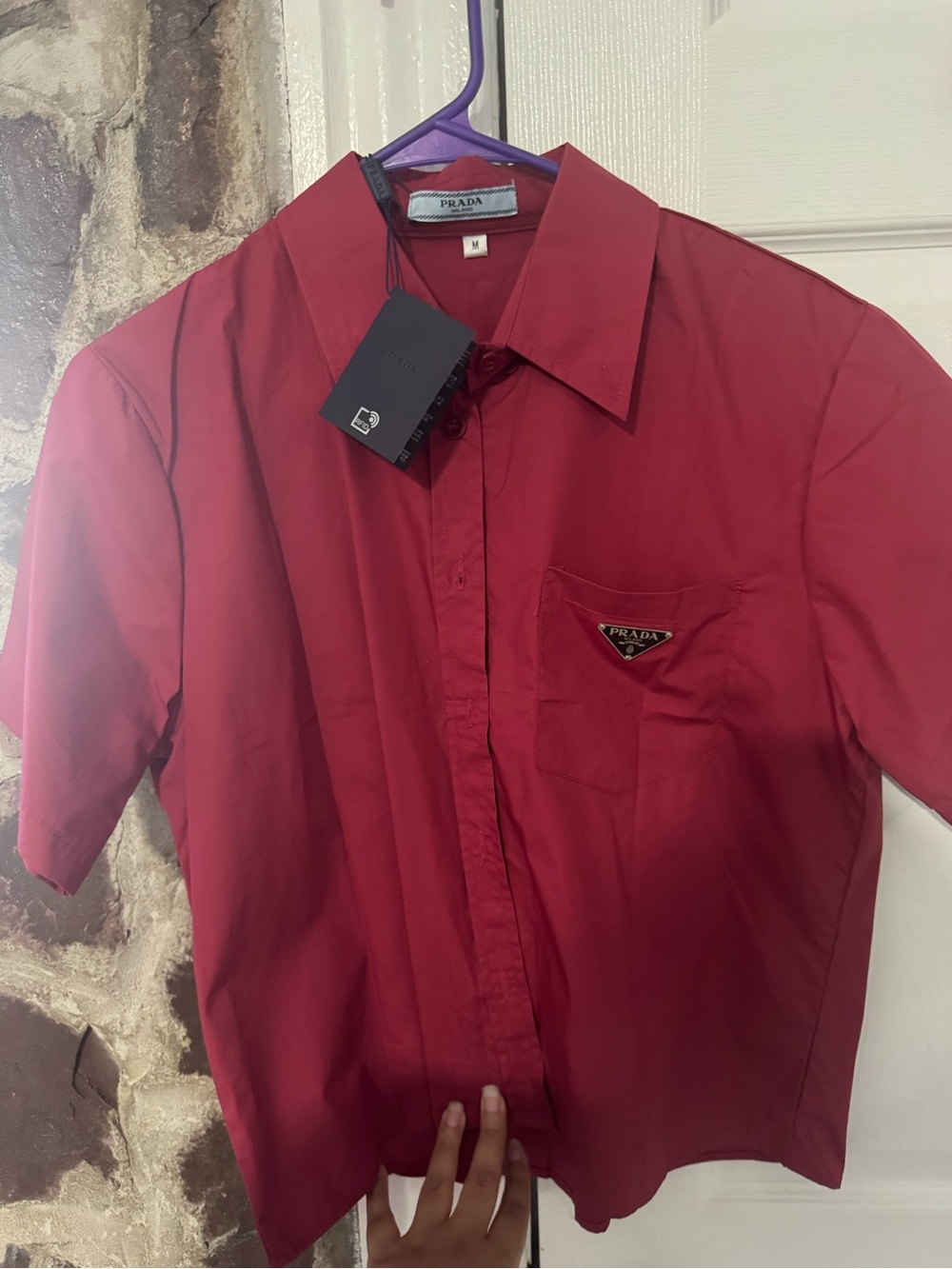 Prada Burgundy Short-Sleeve Button-Down Shirt with Logo Pocket